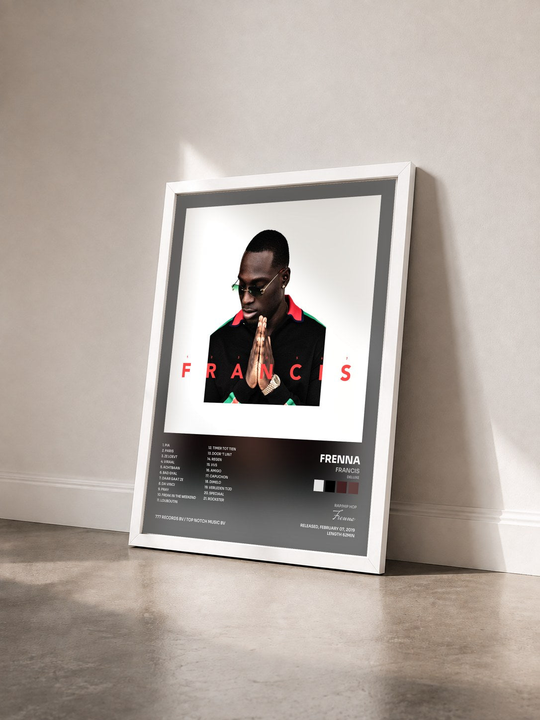 #blanc Tableau de l'album Francis (Deluxe) de Frenna vu de trois quarts, cadre blanc