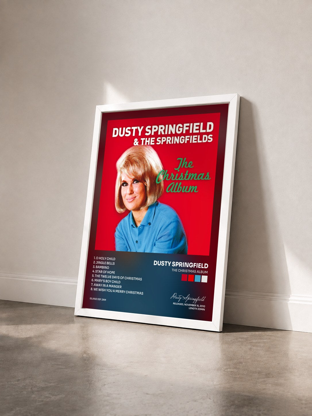 #blanc Tableau de l'album The Christmas Album de Dusty Springfield vu de trois quarts, cadre blanc