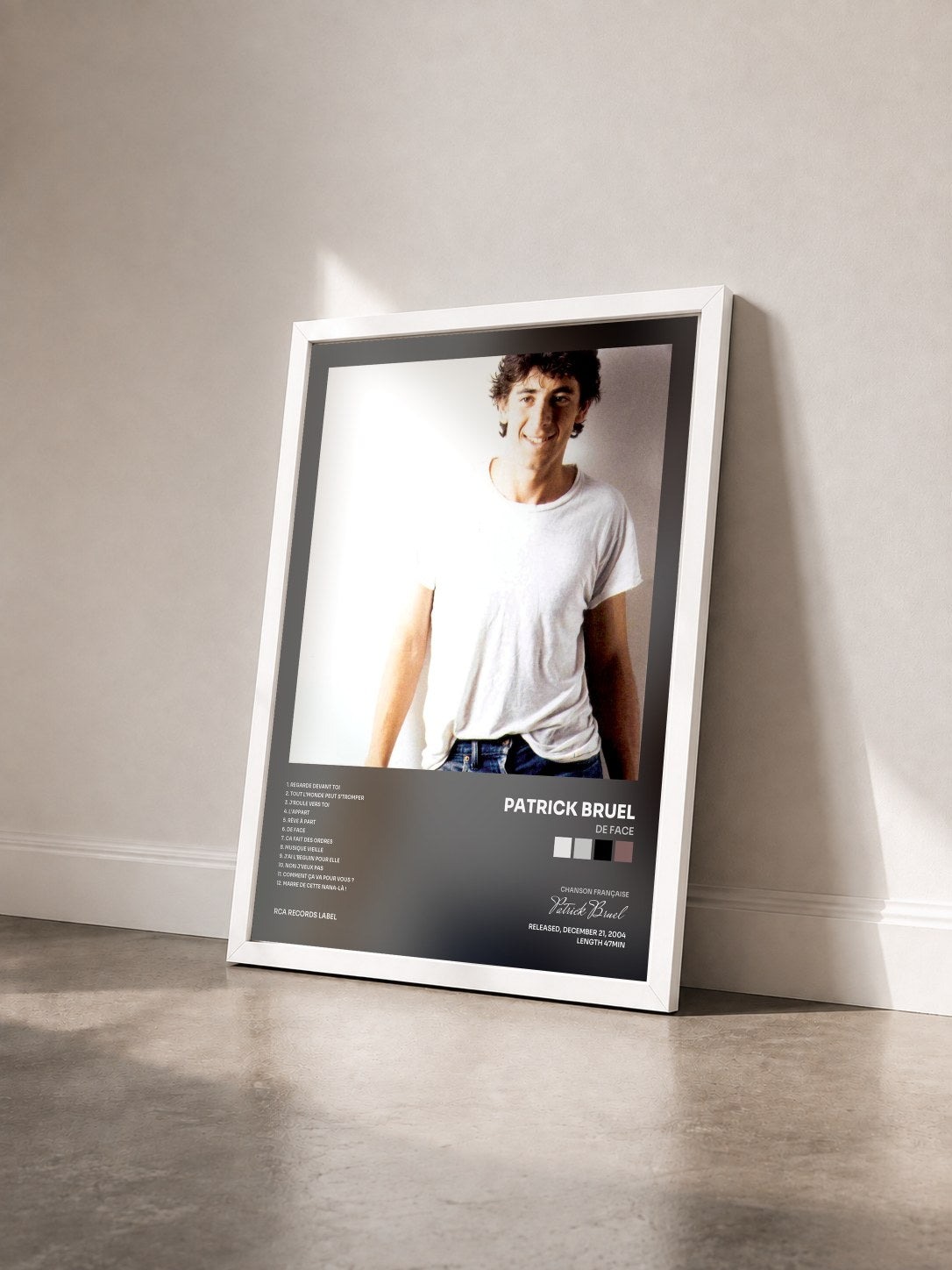 #blanc Tableau de l'album De Face de Patrick Bruel vu de trois quarts, cadre blanc