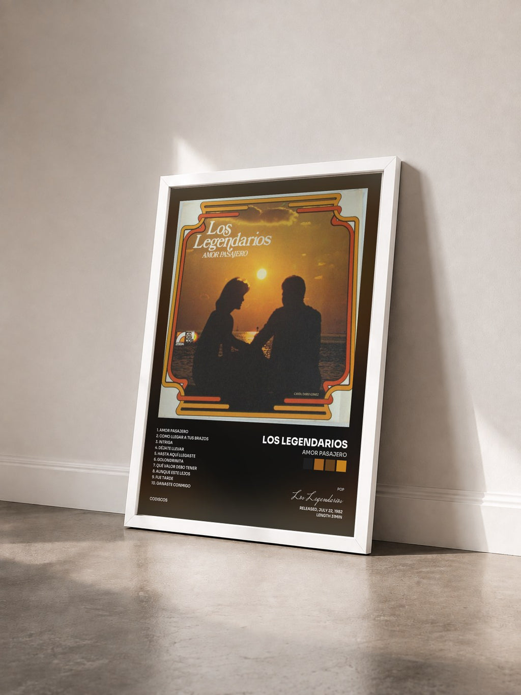 #blanc Tableau de l'album Amor Pasajero de Los Legendarios vu de trois quarts, cadre blanc