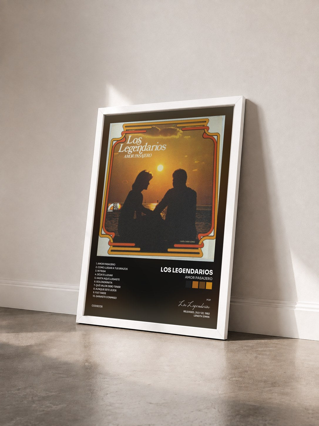 #blanc Tableau de l'album Amor Pasajero de Los Legendarios vu de trois quarts, cadre blanc