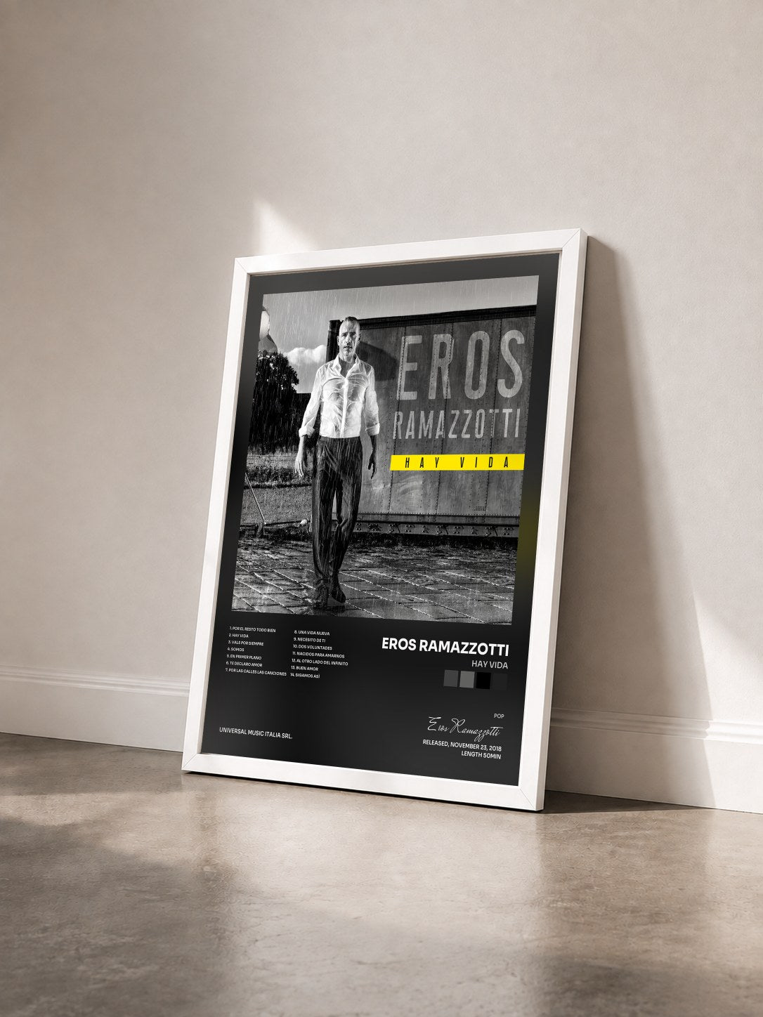 #blanc Tableau de l'album Hay Vida de Eros Ramazzotti vu de trois quarts, cadre blanc