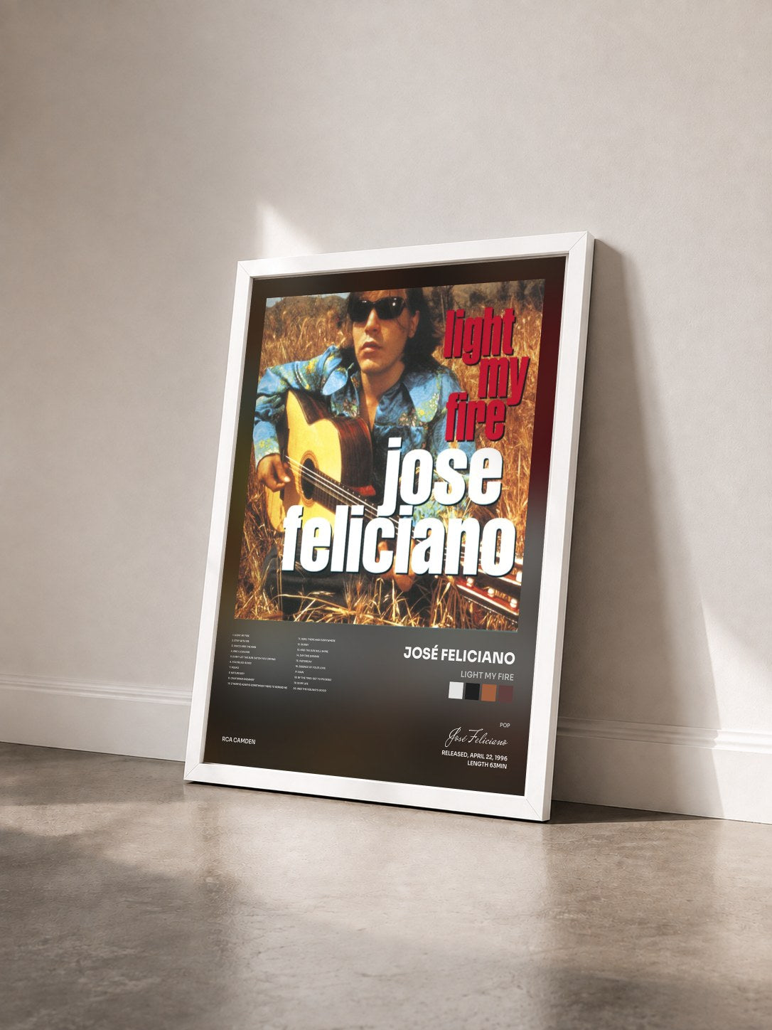 #blanc Tableau de l'album Light My Fire de José Feliciano vu de trois quarts, cadre blanc