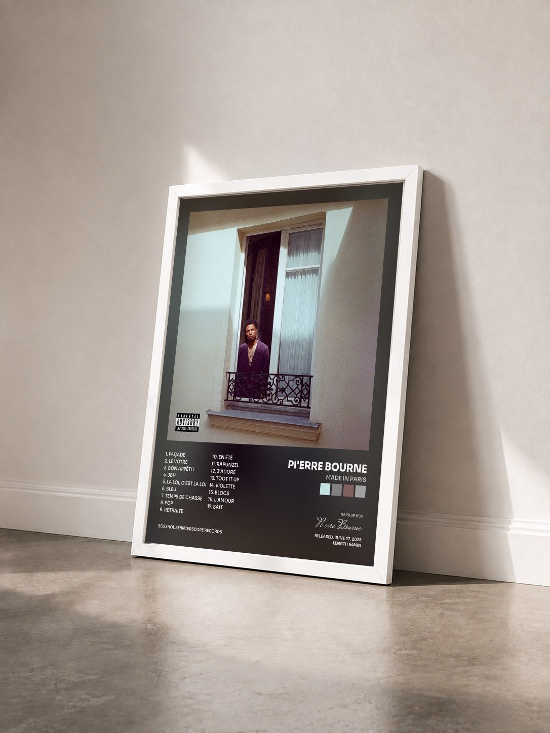 #blanc Tableau de l'album Made In Paris de Pi'erre Bourne vu de trois quarts, cadre blanc