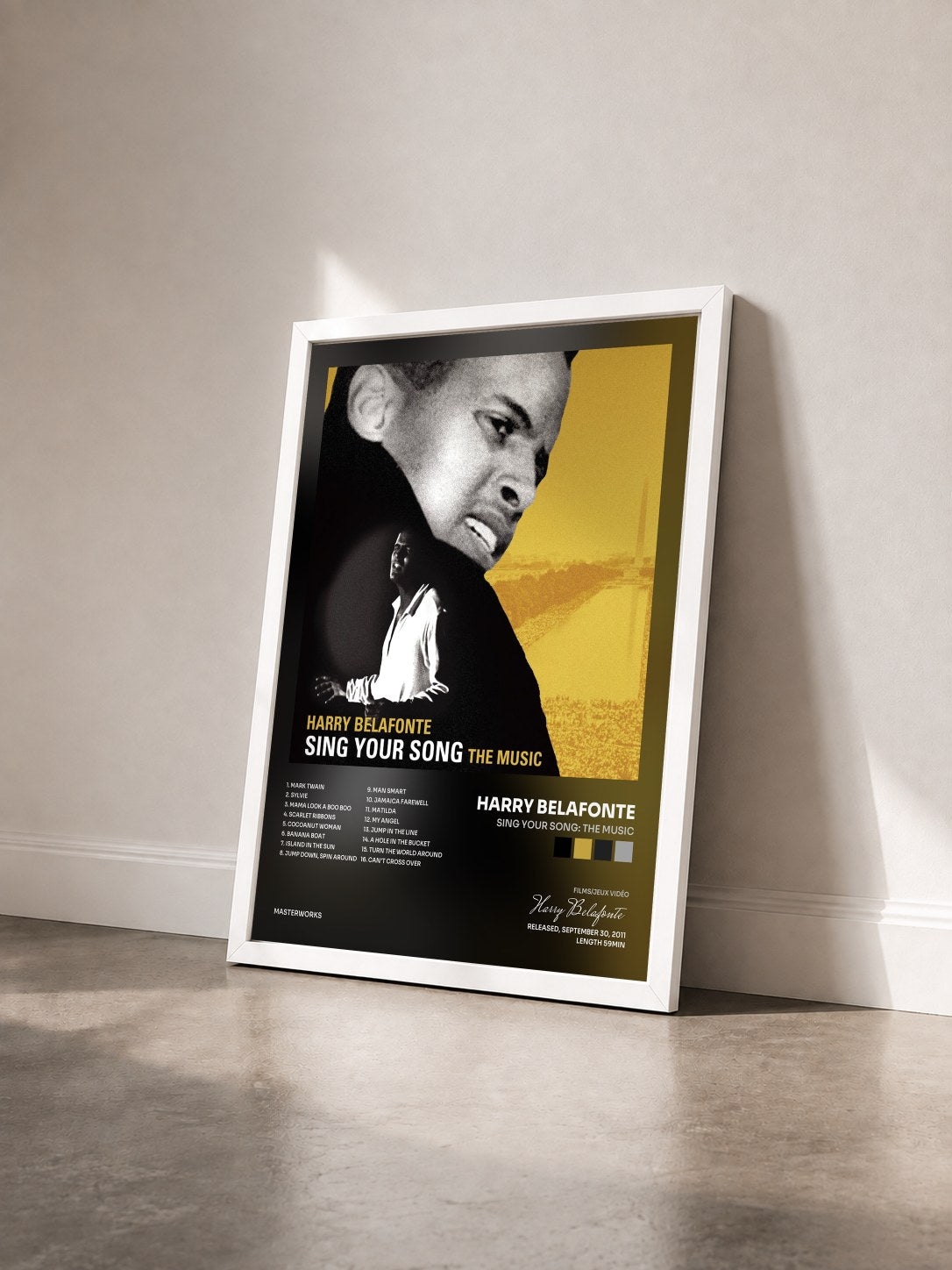 #blanc Tableau de l'album SING YOUR SONG: The Music de Harry Belafonte vu de trois quarts, cadre blanc
