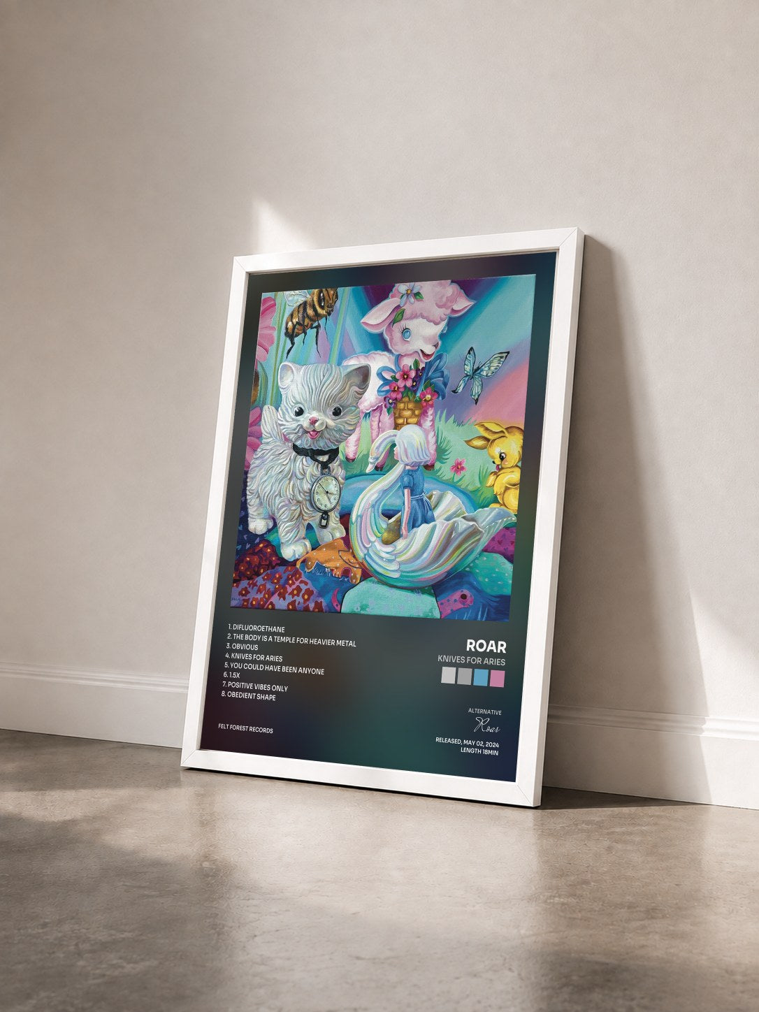 #blanc Tableau de l'album Knives For Aries de Roar vu de trois quarts, cadre blanc