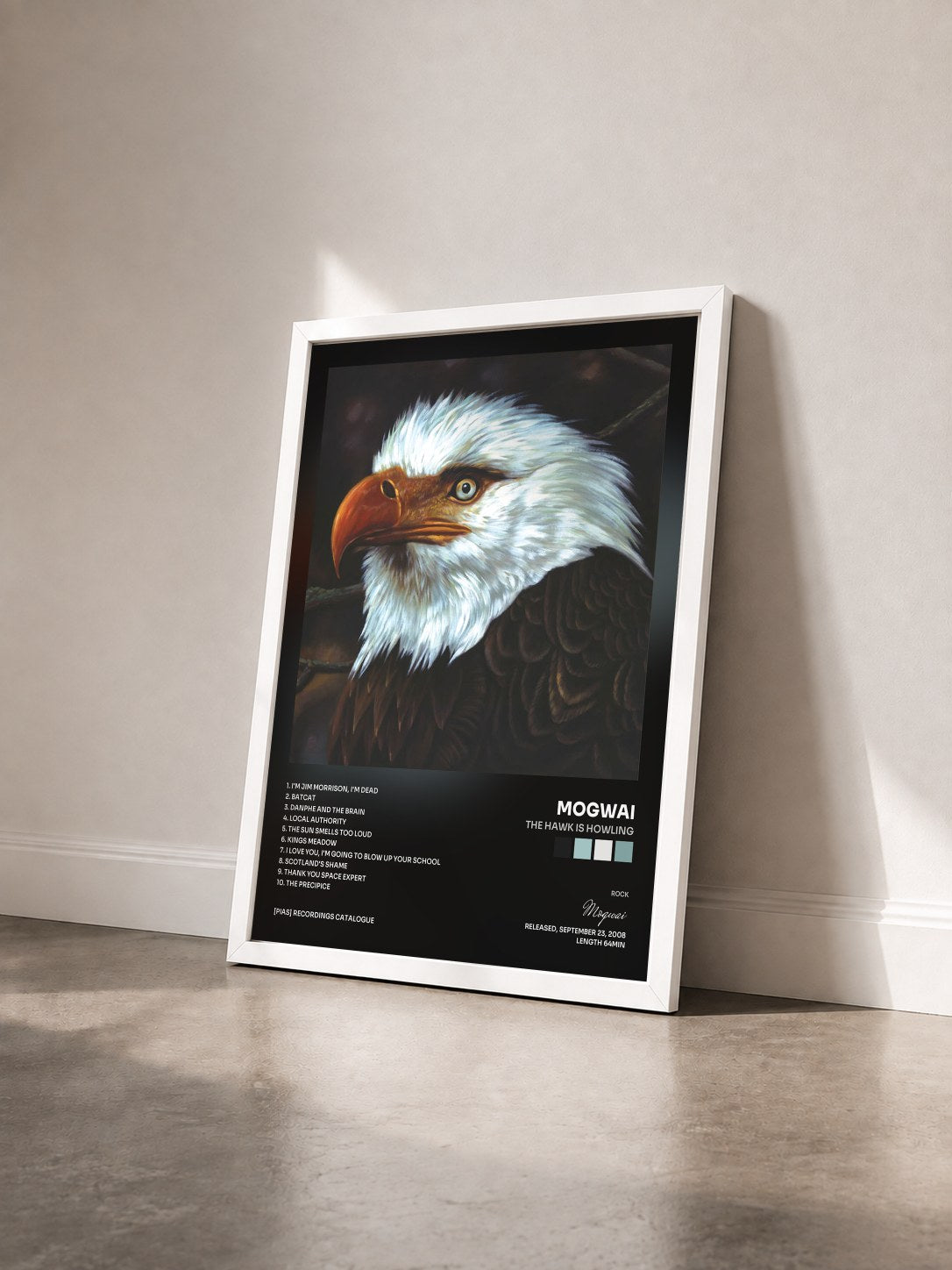 #blanc Tableau de l'album The Hawk Is Howling de Mogwai vu de trois quarts, cadre blanc