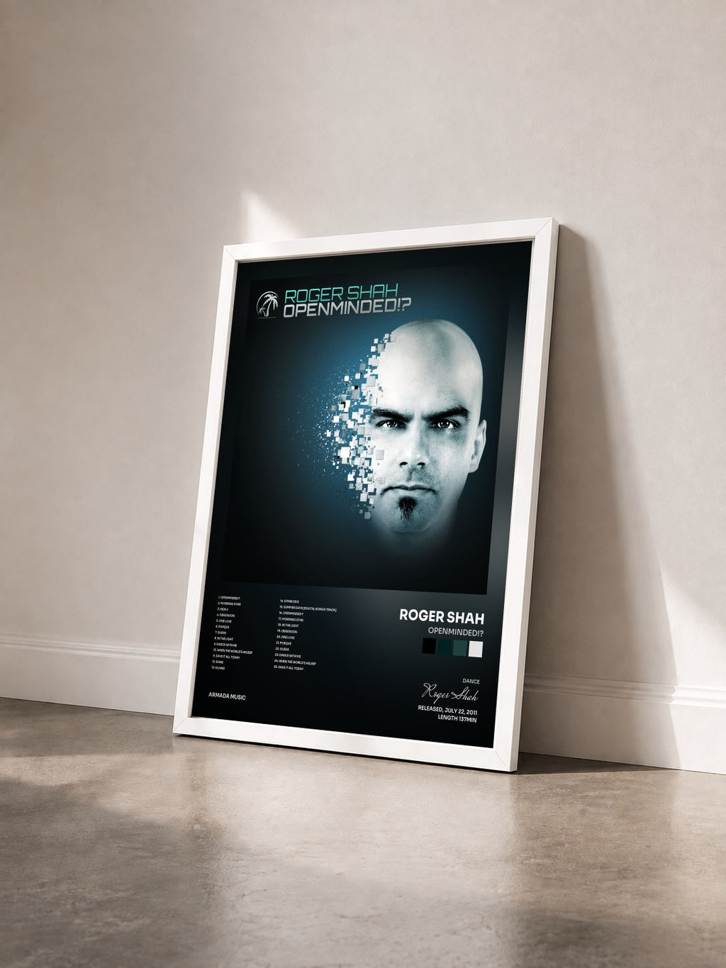 #blanc Tableau de l'album Openminded!? de Roger Shah vu de trois quarts, cadre blanc