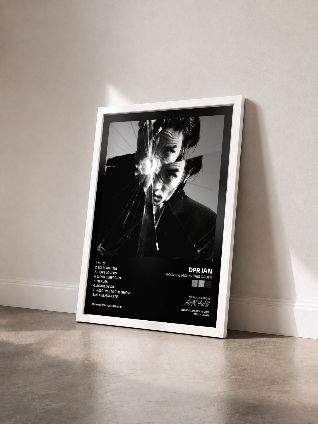 #blanc Tableau de l'album Moodswings In This Order de DPR IAN vu de trois quarts, cadre blanc
