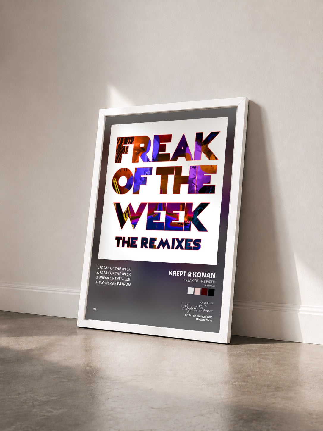 #blanc Tableau de l'album Freak Of The Week (The Remixes) de Krept & Konan vu de trois quarts, cadre blanc