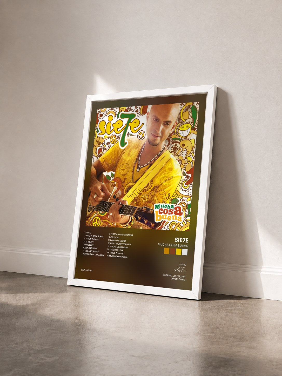 #blanc Tableau de l'album Mucha Cosa Buena de Sie7e vu de trois quarts, cadre blanc