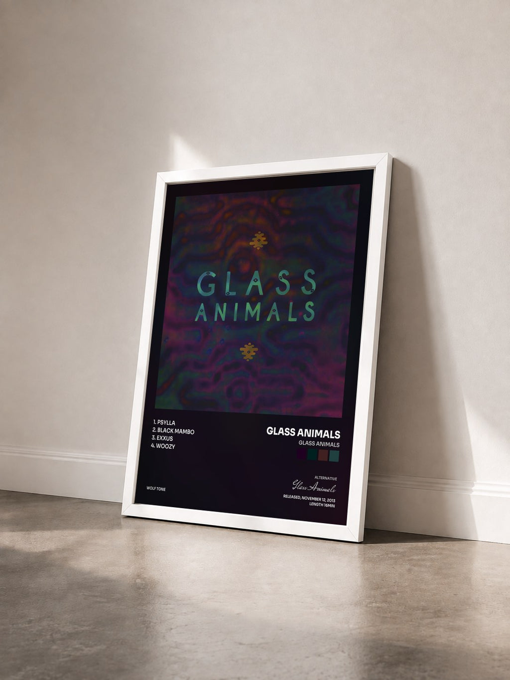 #blanc Glass Animals de Glass Animals en lámina enmarcada vista de tres cuartos, marco blanco
