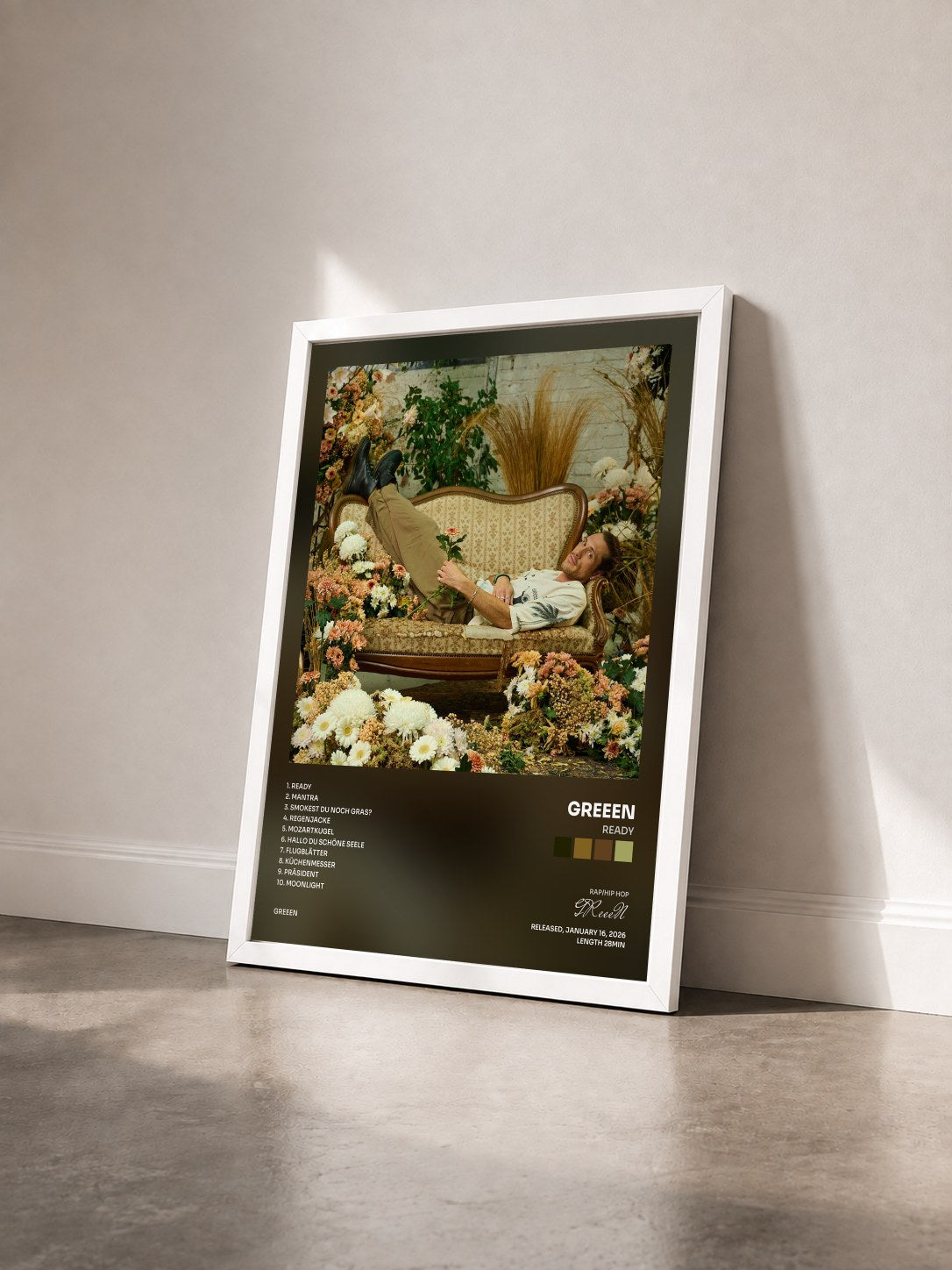 #blanc Tableau de l'album Ready de GReeeN vu de trois quarts, cadre blanc