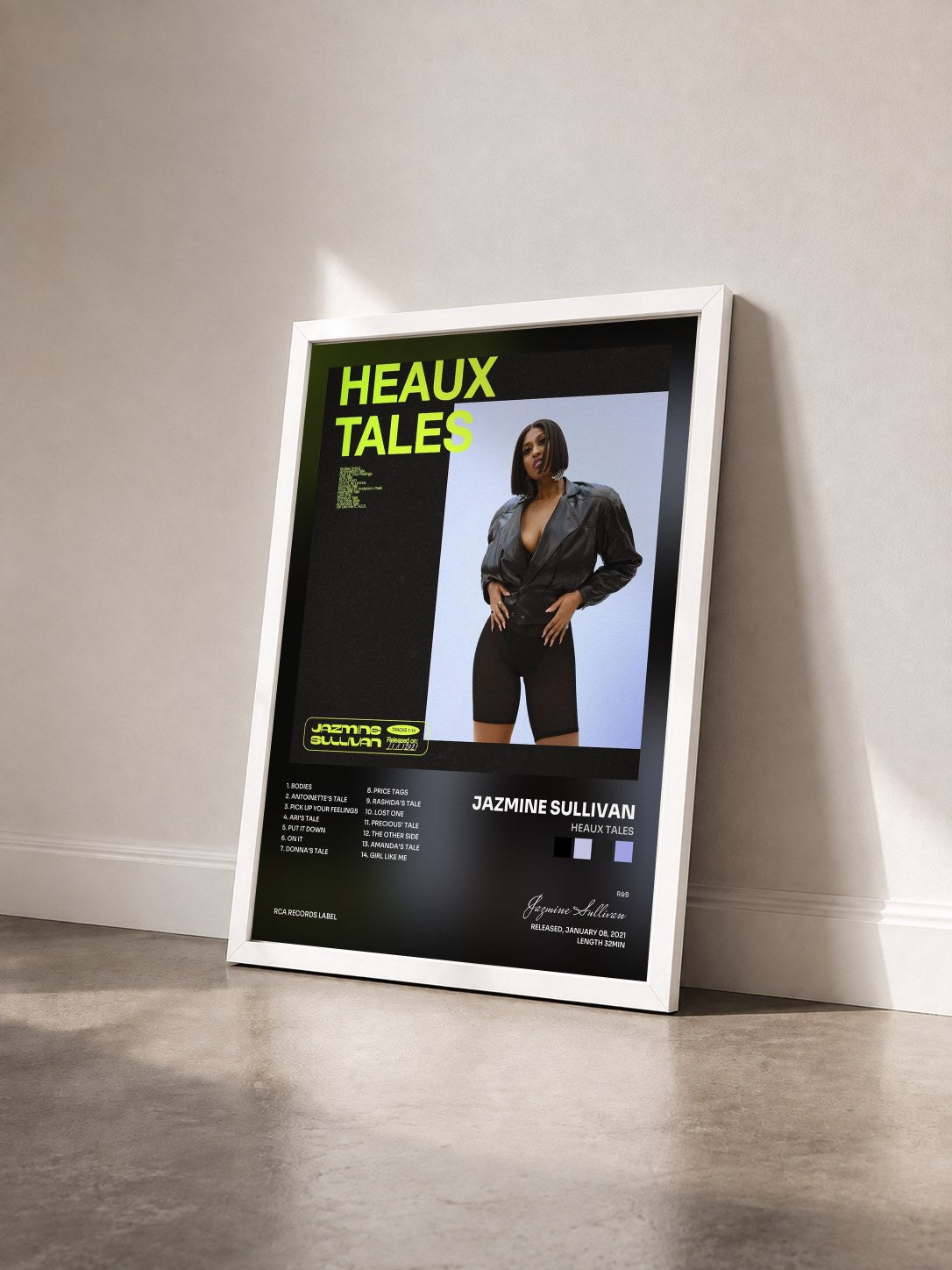 #blanc Tableau de l'album Heaux Tales de Jazmine Sullivan vu de trois quarts, cadre blanc