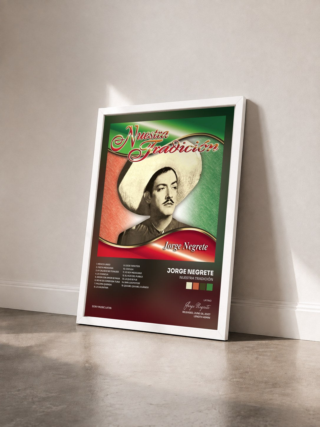 #blanc Tableau de l'album Nuestra Tradición de Jorge Negrete vu de trois quarts, cadre blanc