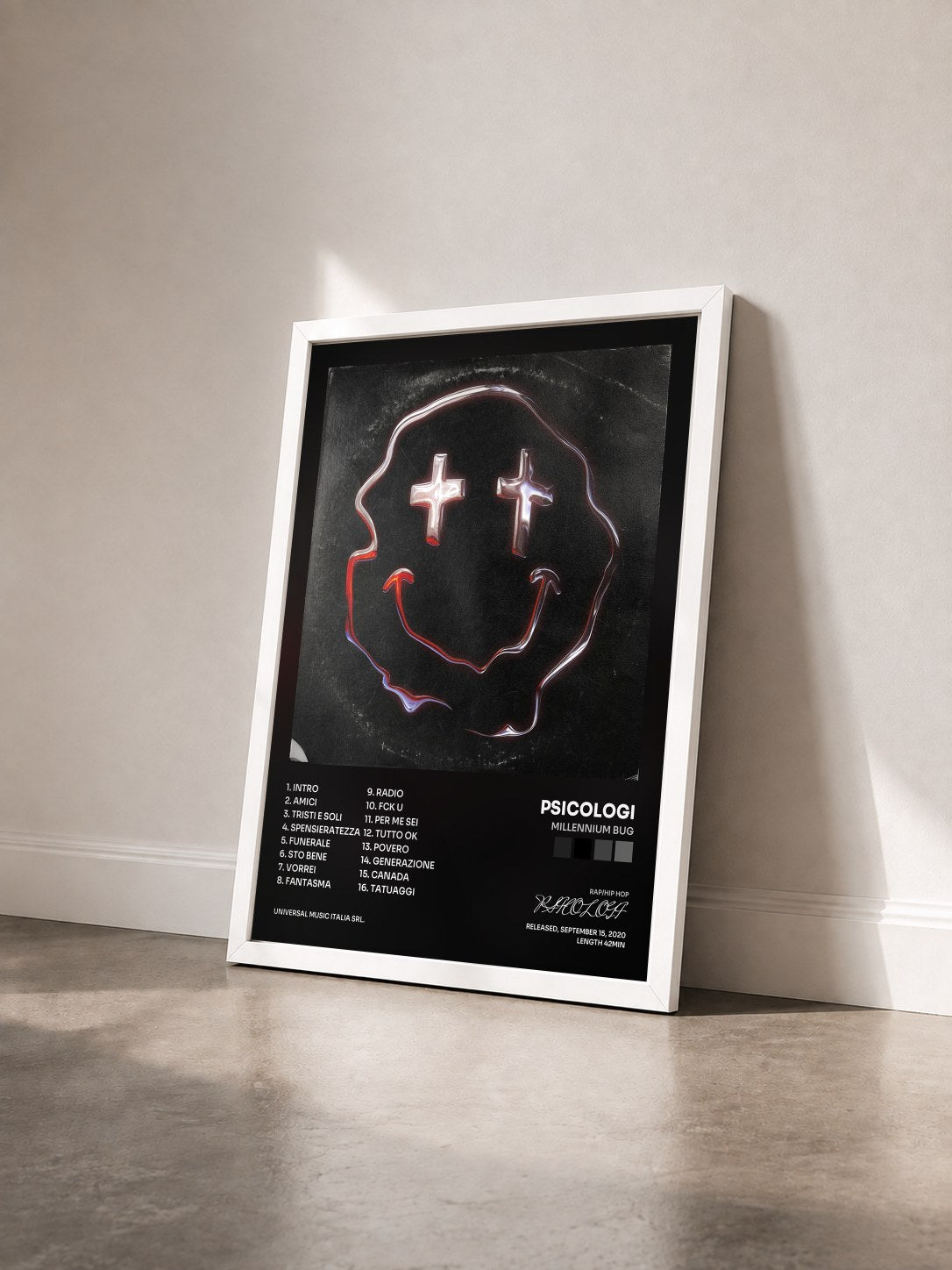 #blanc Tableau de l'album MILLENNIUM BUG de PSICOLOGI vu de trois quarts, cadre blanc