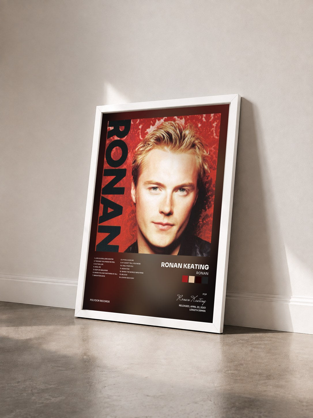 #blanc Tableau de l'album Ronan de Ronan Keating vu de trois quarts, cadre blanc