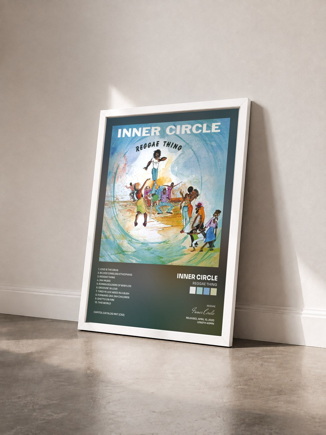 #blanc Tableau de l'album Reggae Thing de Inner Circle vu de trois quarts, cadre blanc