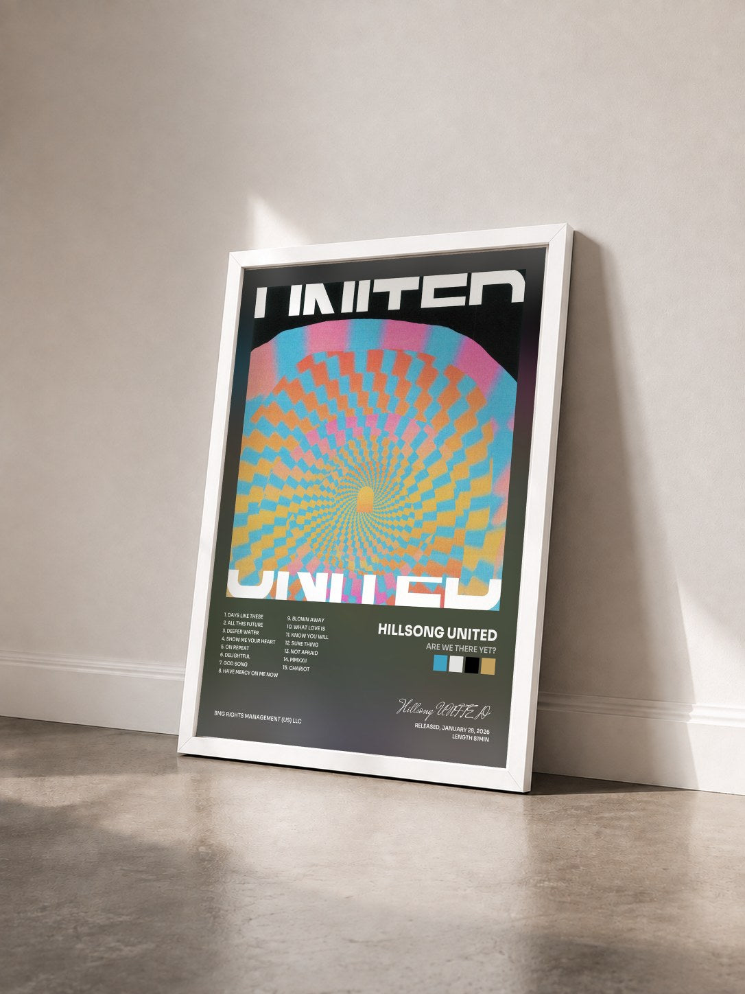#blanc Tableau de l'album Are We There Yet? de Hillsong UNITED vu de trois quarts, cadre blanc