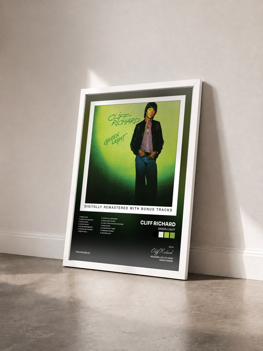 #blanc Tableau de l'album Green Light de Cliff Richard vu de trois quarts, cadre blanc