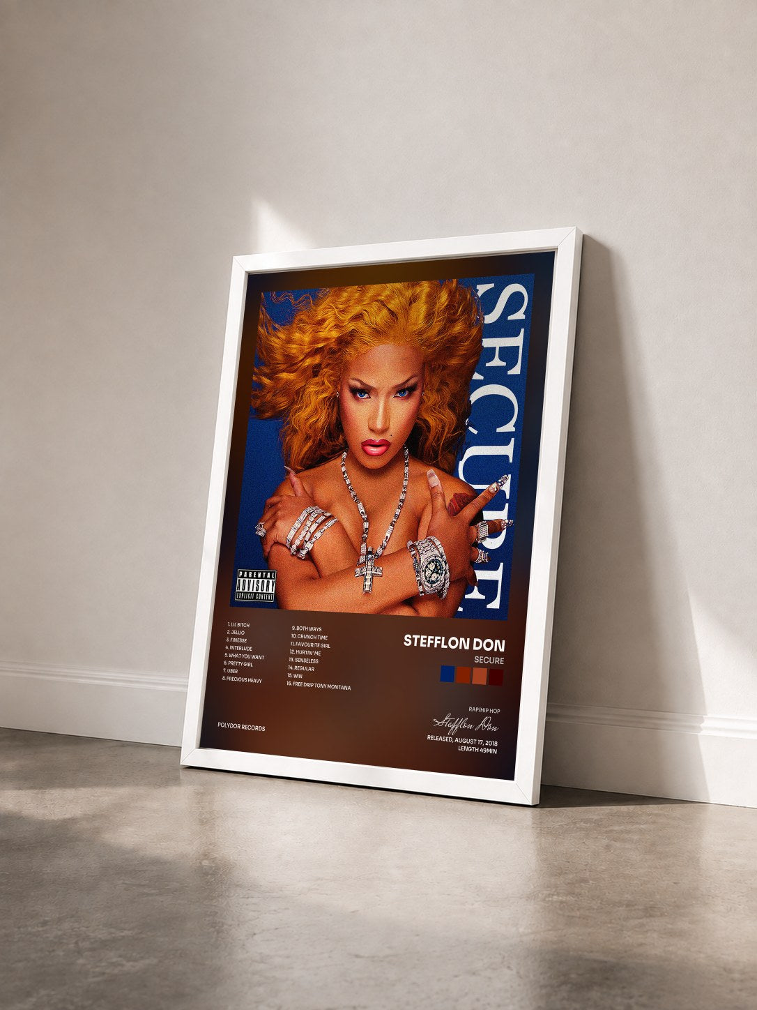 #blanc Tableau de l'album SECURE de Stefflon Don vu de trois quarts, cadre blanc