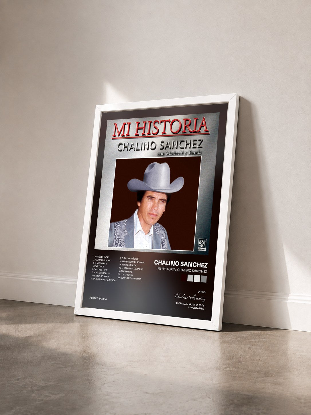 #blanc Tableau de l'album Mi Historia: Chalino Sánchez de Chalino Sanchez vu de trois quarts, cadre blanc