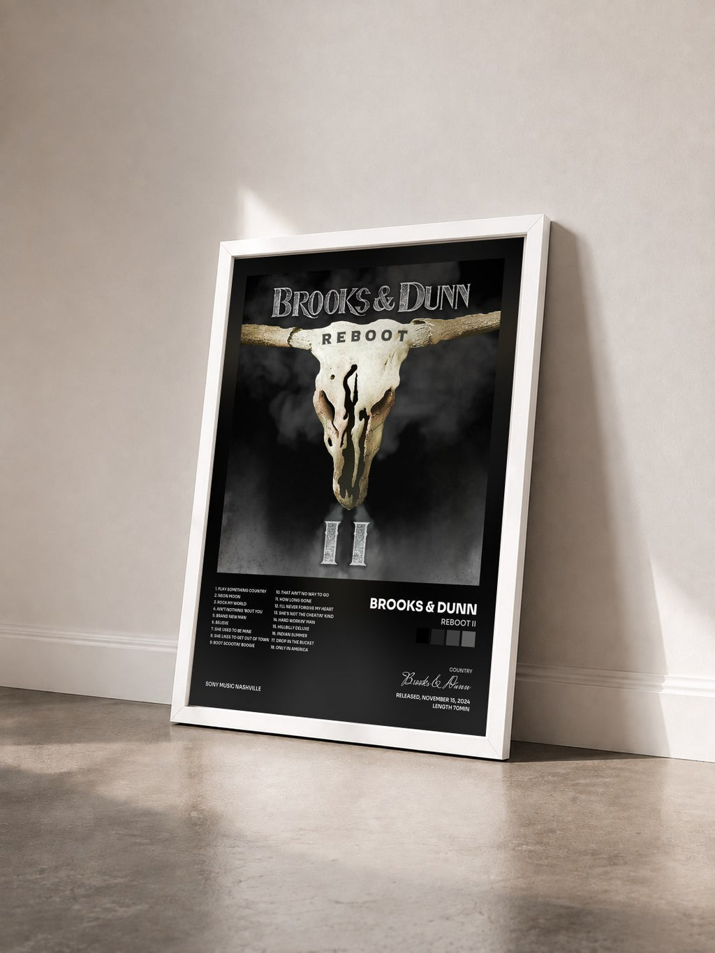 #blanc Tableau de l'album Reboot II de Brooks & Dunn vu de trois quarts, cadre blanc