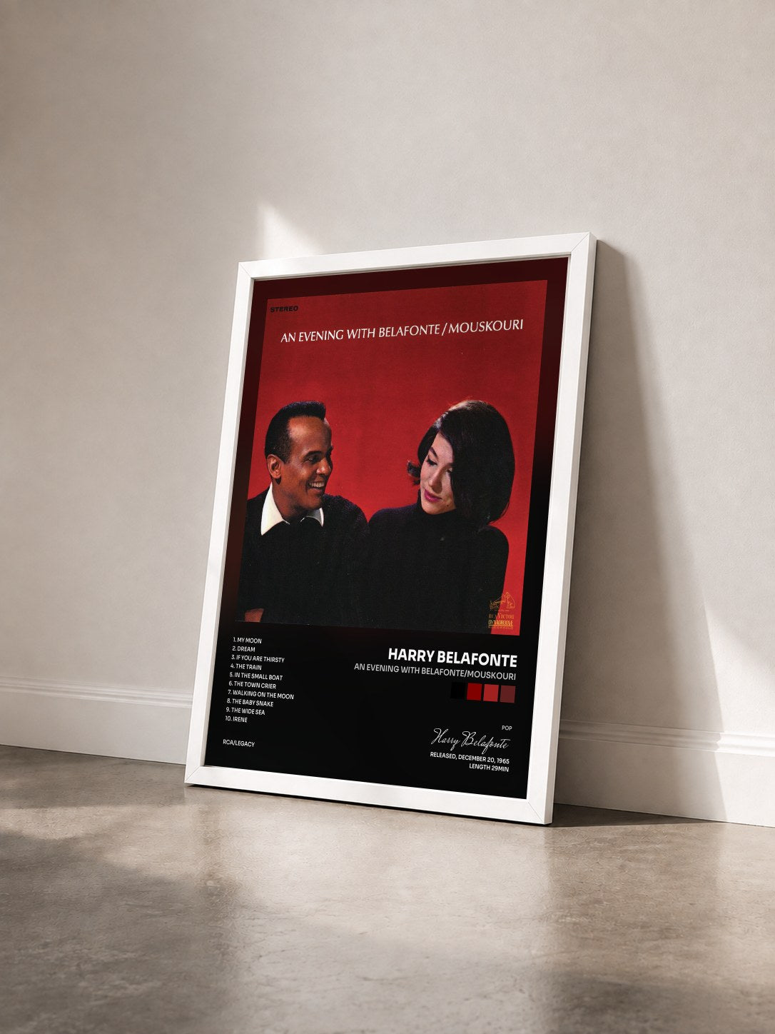 #blanc Tableau de l'album An Evening With Belafonte/Mouskouri de Harry Belafonte vu de trois quarts, cadre blanc