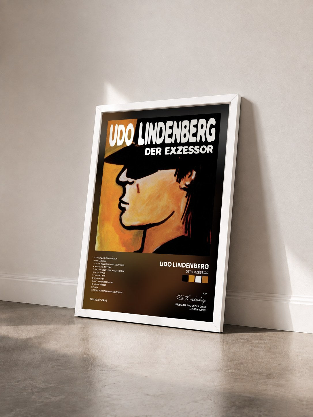#blanc Tableau de l'album Der Exzessor de Udo Lindenberg vu de trois quarts, cadre blanc