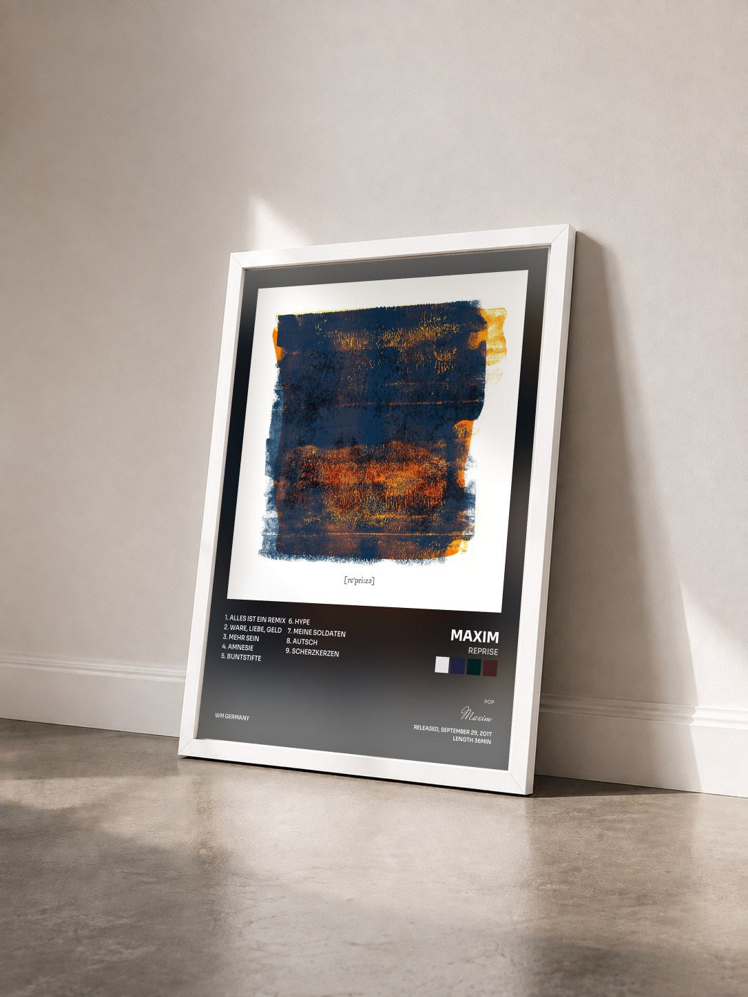 #blanc Tableau de l'album Reprise de Maxim vu de trois quarts, cadre blanc