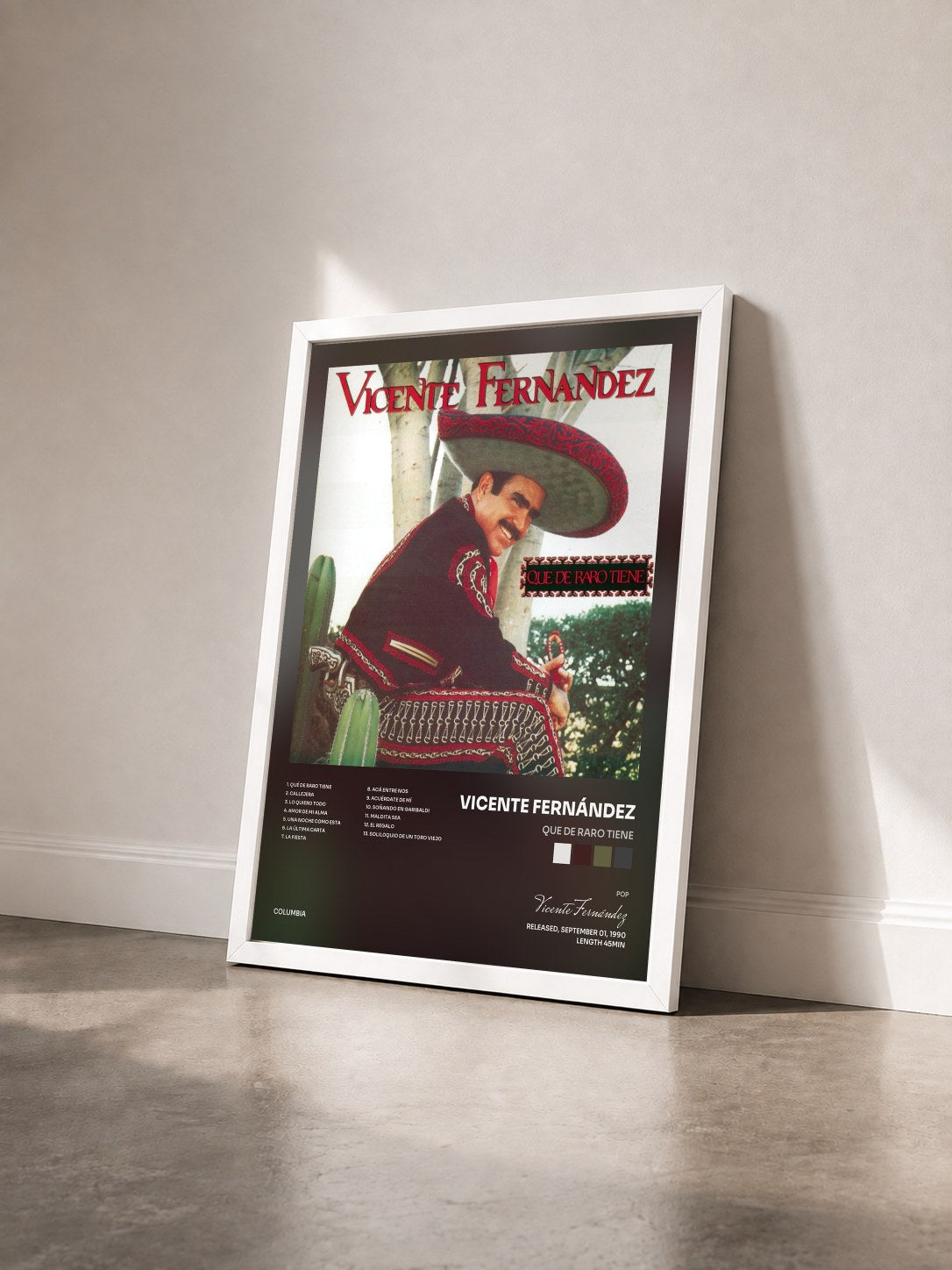 #blanc Tableau de l'album Que De Raro Tiene de Vicente Fernández vu de trois quarts, cadre blanc