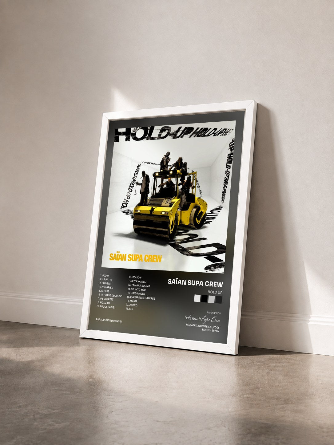 #blanc Tableau de l'album Hold Up de Saïan Supa Crew vu de trois quarts, cadre blanc