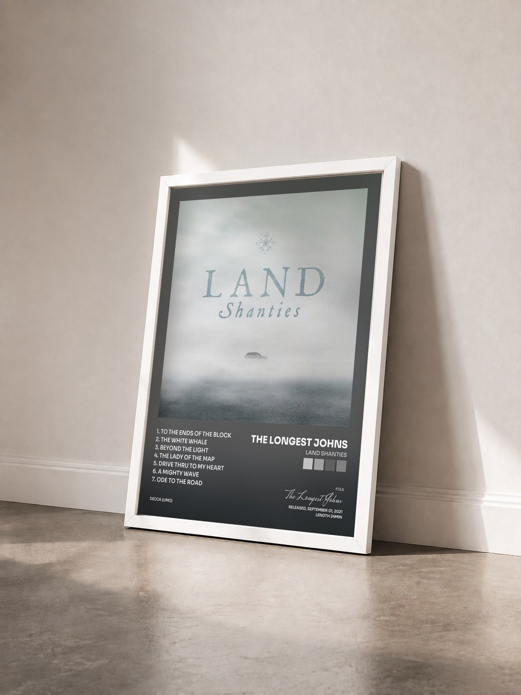 #blanc Land Shanties by The Longest Johns as a framed art print seen at an angle, white frame