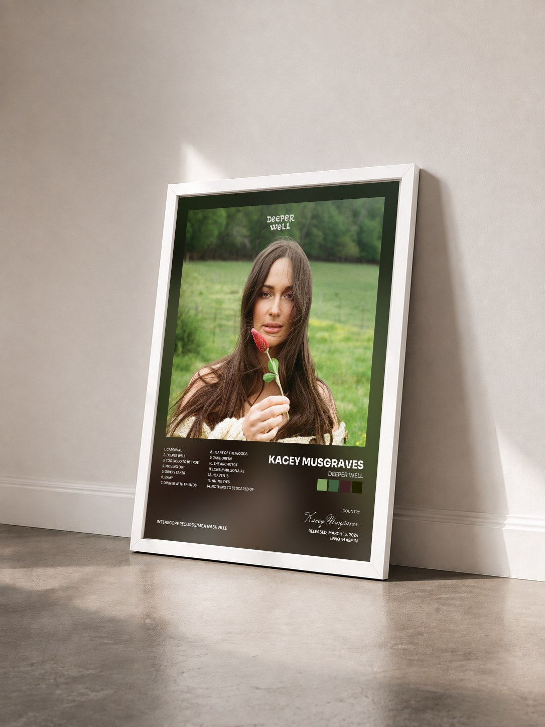 #blanc Tableau de l'album Deeper Well de Kacey Musgraves vu de trois quarts, cadre blanc