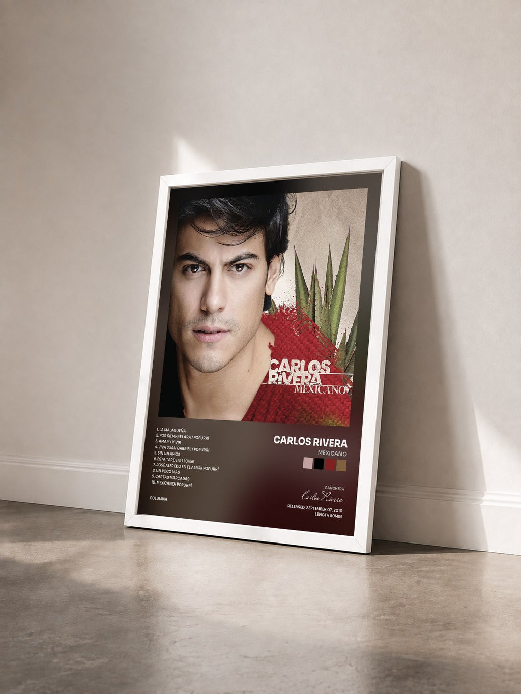 #blanc Tableau de l'album Mexicano de Carlos Rivera vu de trois quarts, cadre blanc