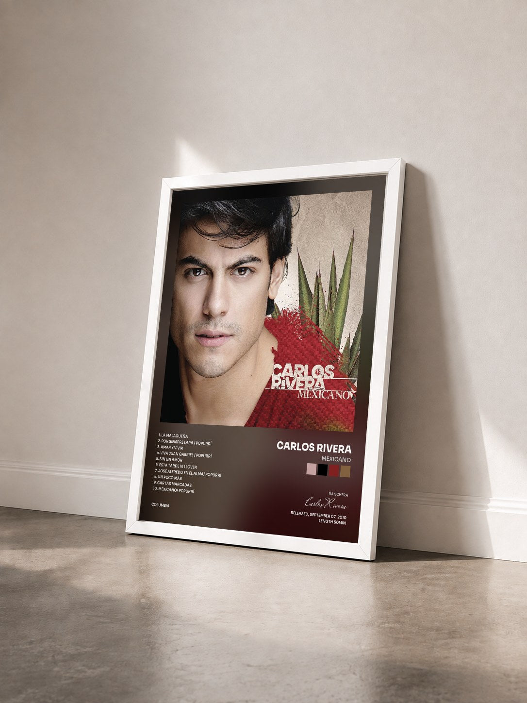 #blanc Tableau de l'album Mexicano de Carlos Rivera vu de trois quarts, cadre blanc