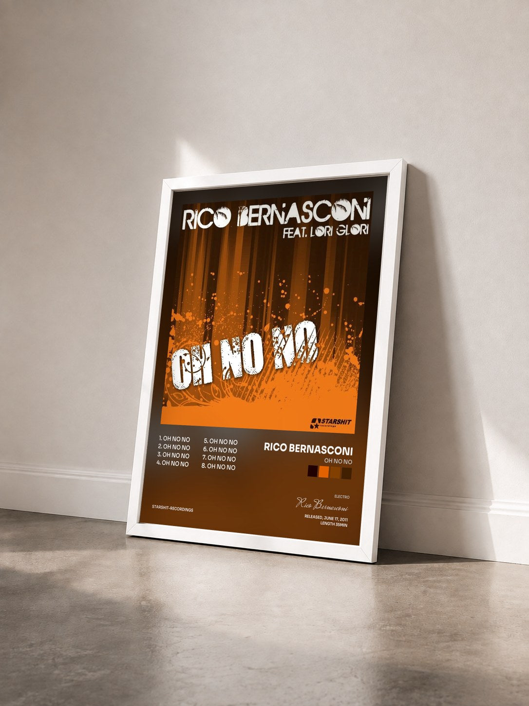 #blanc Tableau de l'album Oh No No de Rico Bernasconi vu de trois quarts, cadre blanc