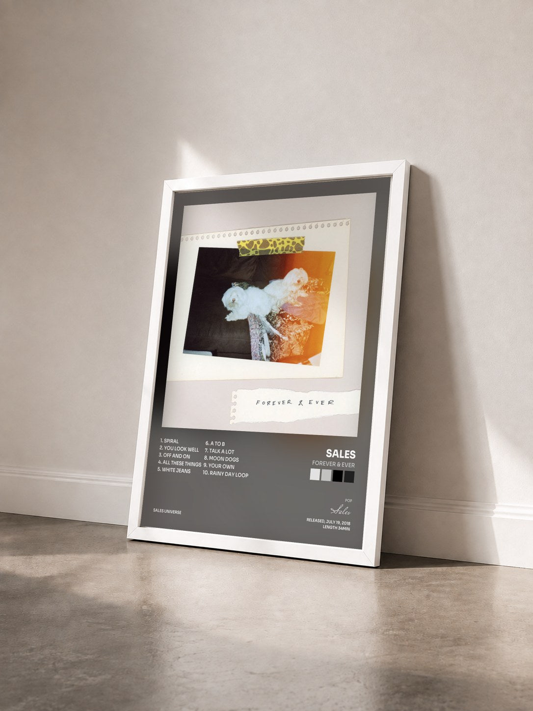 #blanc Tableau de l'album Forever & Ever de Sales vu de trois quarts, cadre blanc