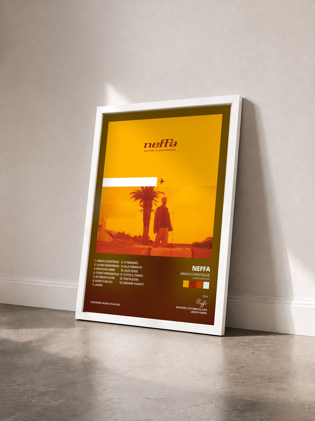 #blanc Tableau de l'album Arrivi E Partenze (Remastered 2021) de Neffa vu de trois quarts, cadre blanc