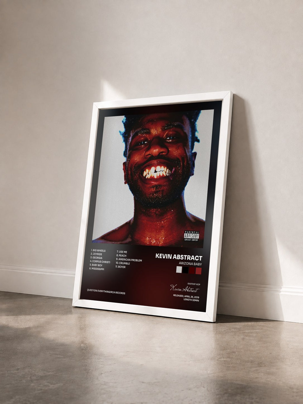 #blanc Tableau de l'album ARIZONA BABY de Kevin Abstract vu de trois quarts, cadre blanc