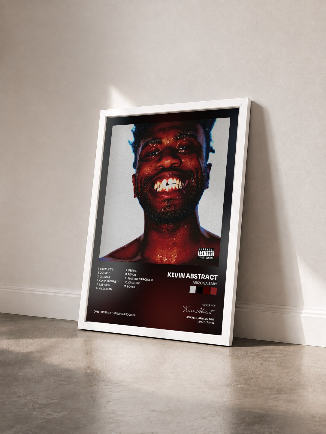 #blanc Tableau de l'album ARIZONA BABY de Kevin Abstract vu de trois quarts, cadre blanc