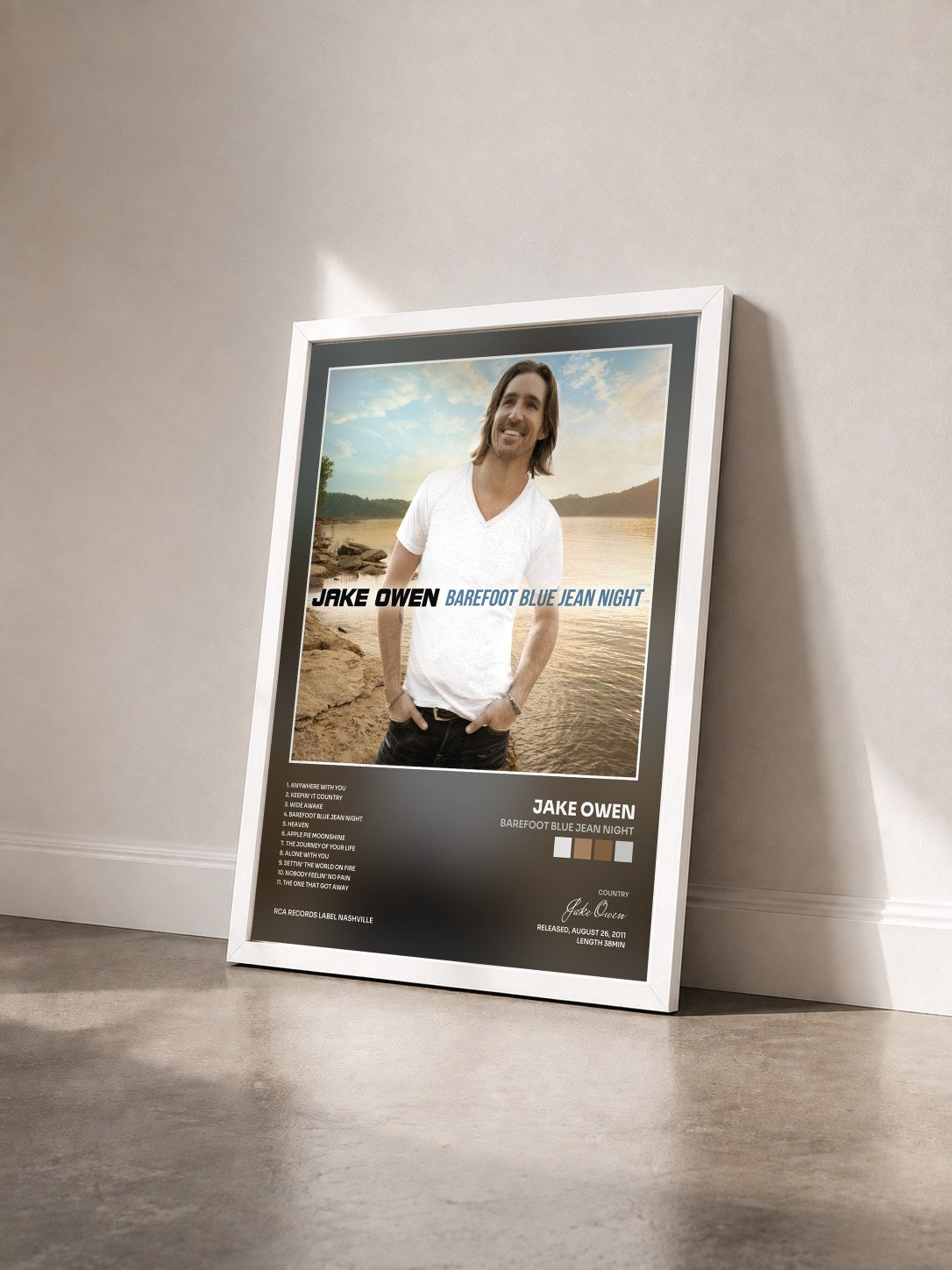 #blanc Tableau de l'album Barefoot Blue Jean Night de Jake Owen vu de trois quarts, cadre blanc
