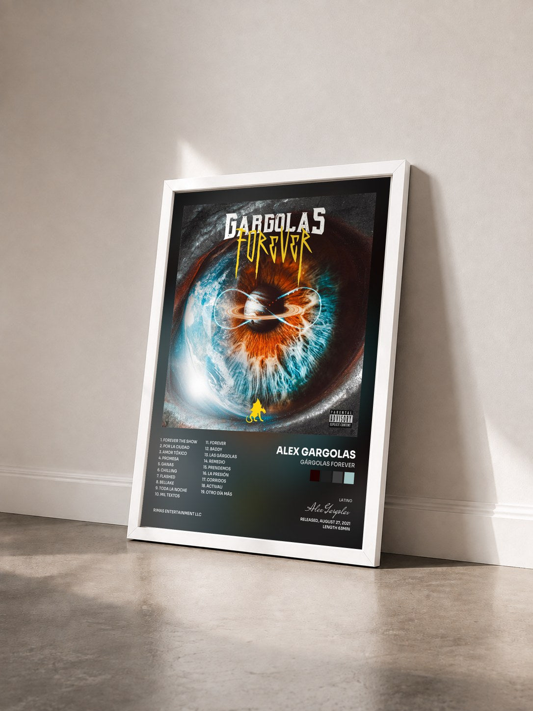 #blanc Tableau de l'album Gárgolas Forever de Alex Gargolas vu de trois quarts, cadre blanc