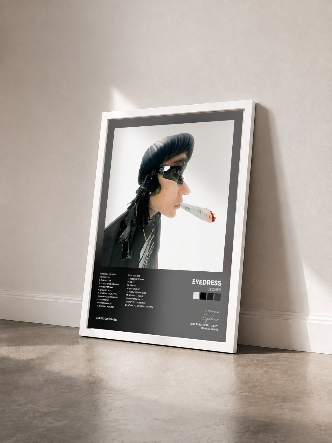 #blanc Tableau de l'album Stoner de Eyedress vu de trois quarts, cadre blanc