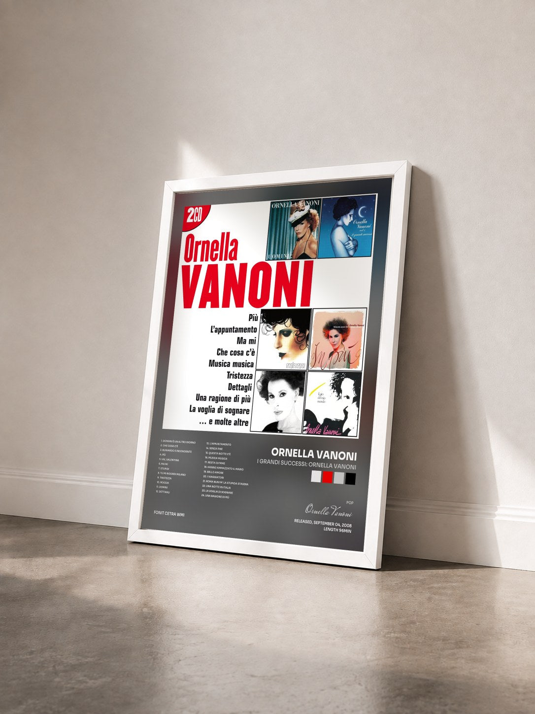 #blanc Tableau de l'album I Grandi Successi: Ornella Vanoni de Ornella Vanoni vu de trois quarts, cadre blanc