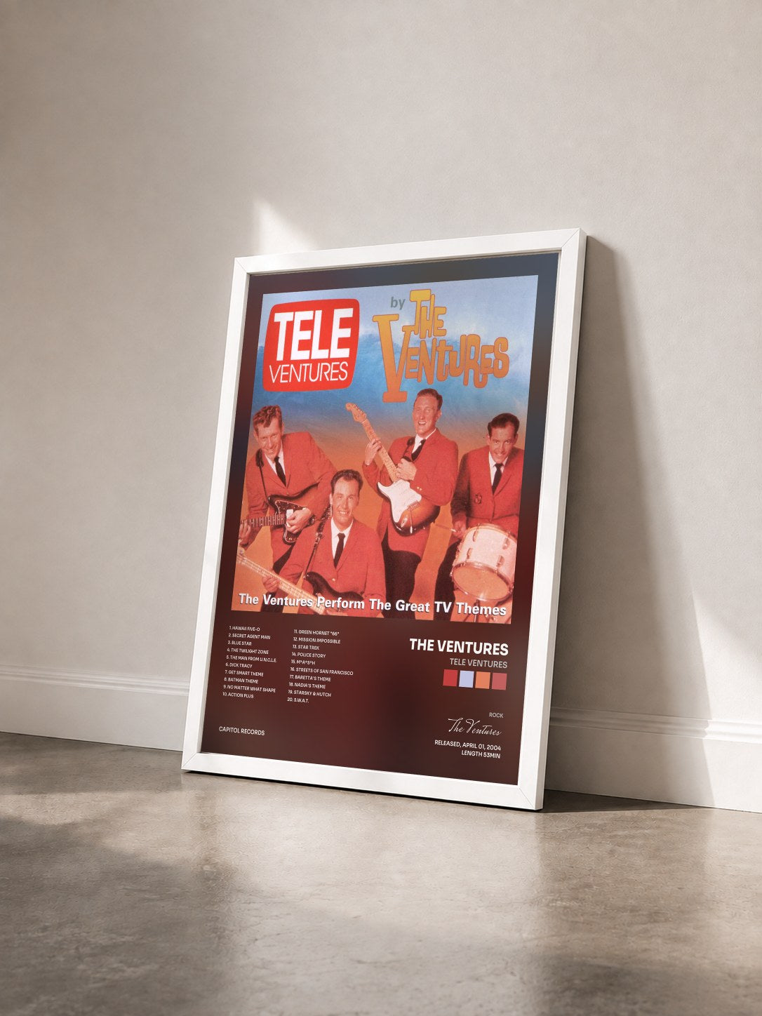#blanc Tableau de l'album Tele Ventures de The Ventures vu de trois quarts, cadre blanc