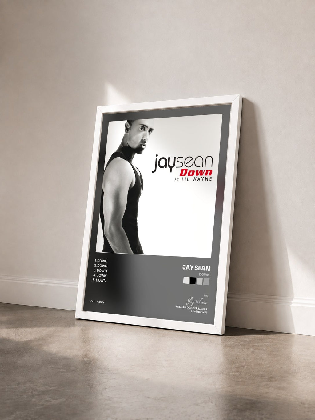 #blanc Tableau de l'album Down de Jay Sean vu de trois quarts, cadre blanc