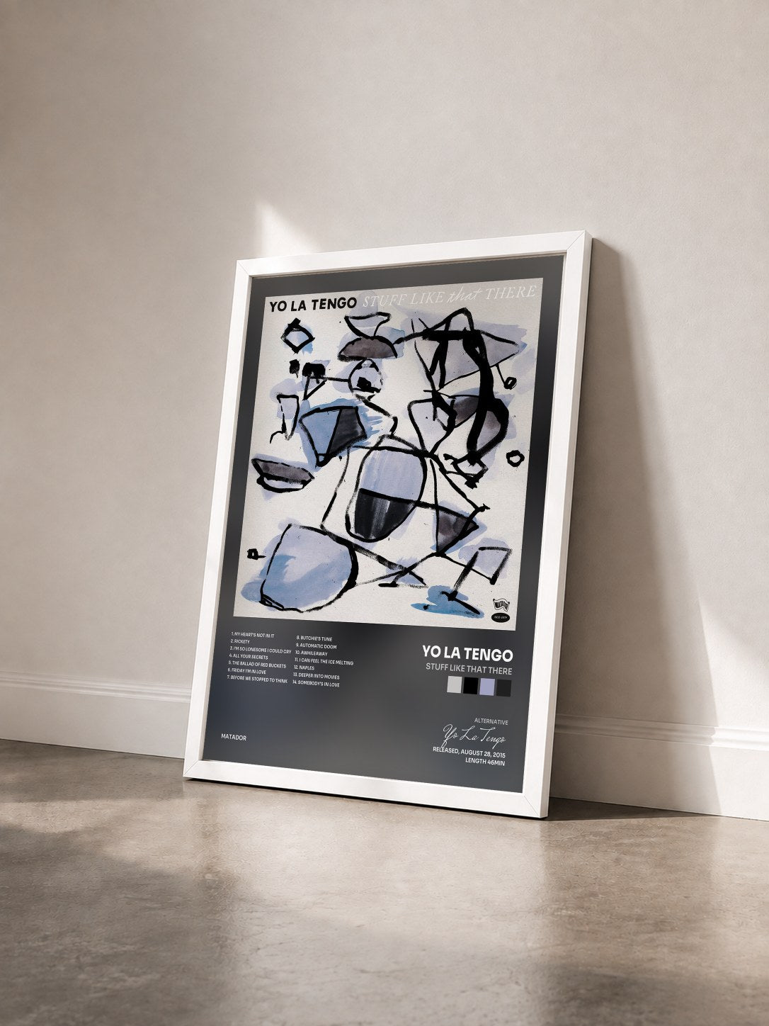 #blanc Tableau de l'album Stuff Like That There de Yo La Tengo vu de trois quarts, cadre blanc