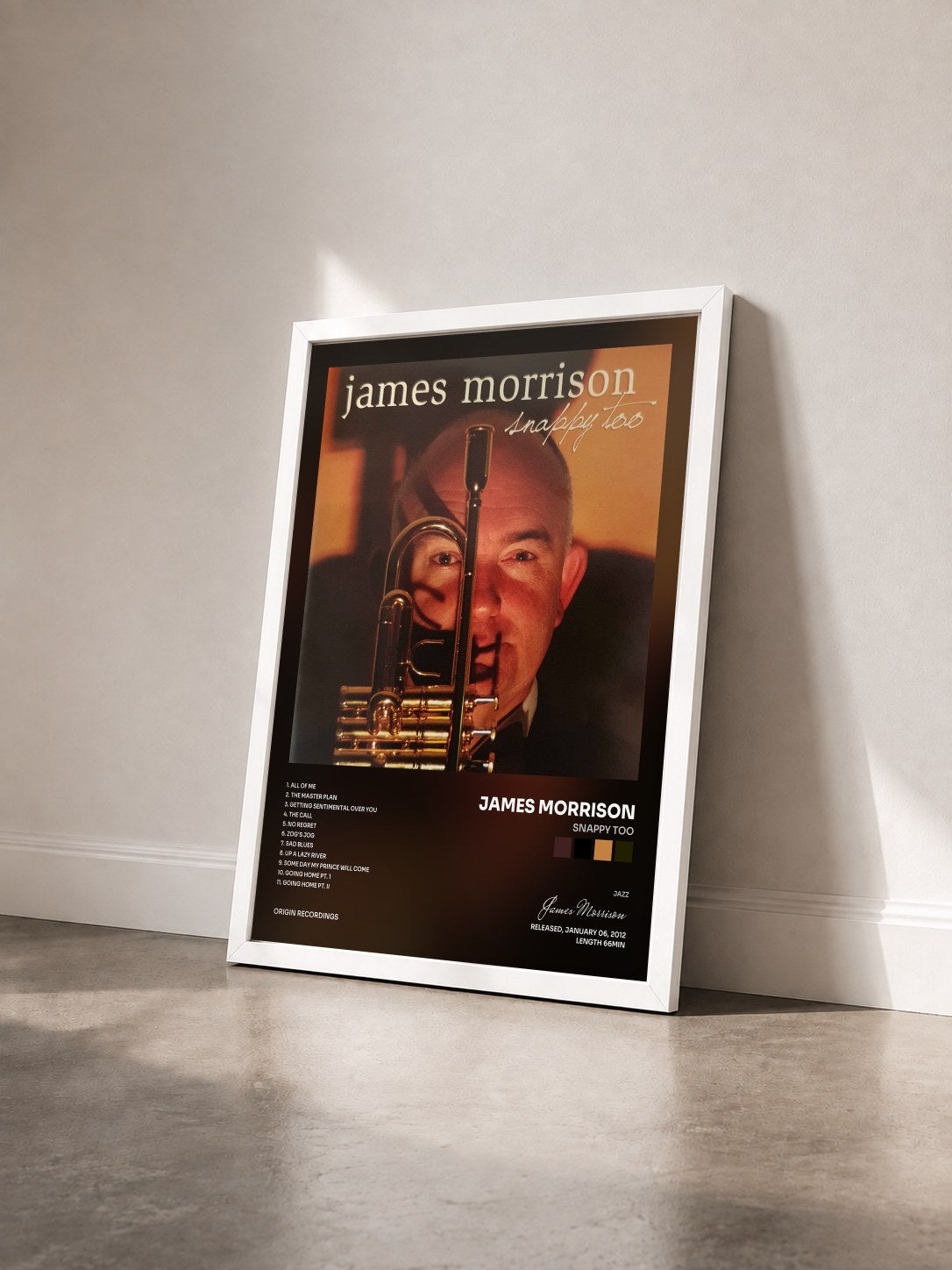 #blanc Tableau de l'album Snappy Too de James Morrison vu de trois quarts, cadre blanc