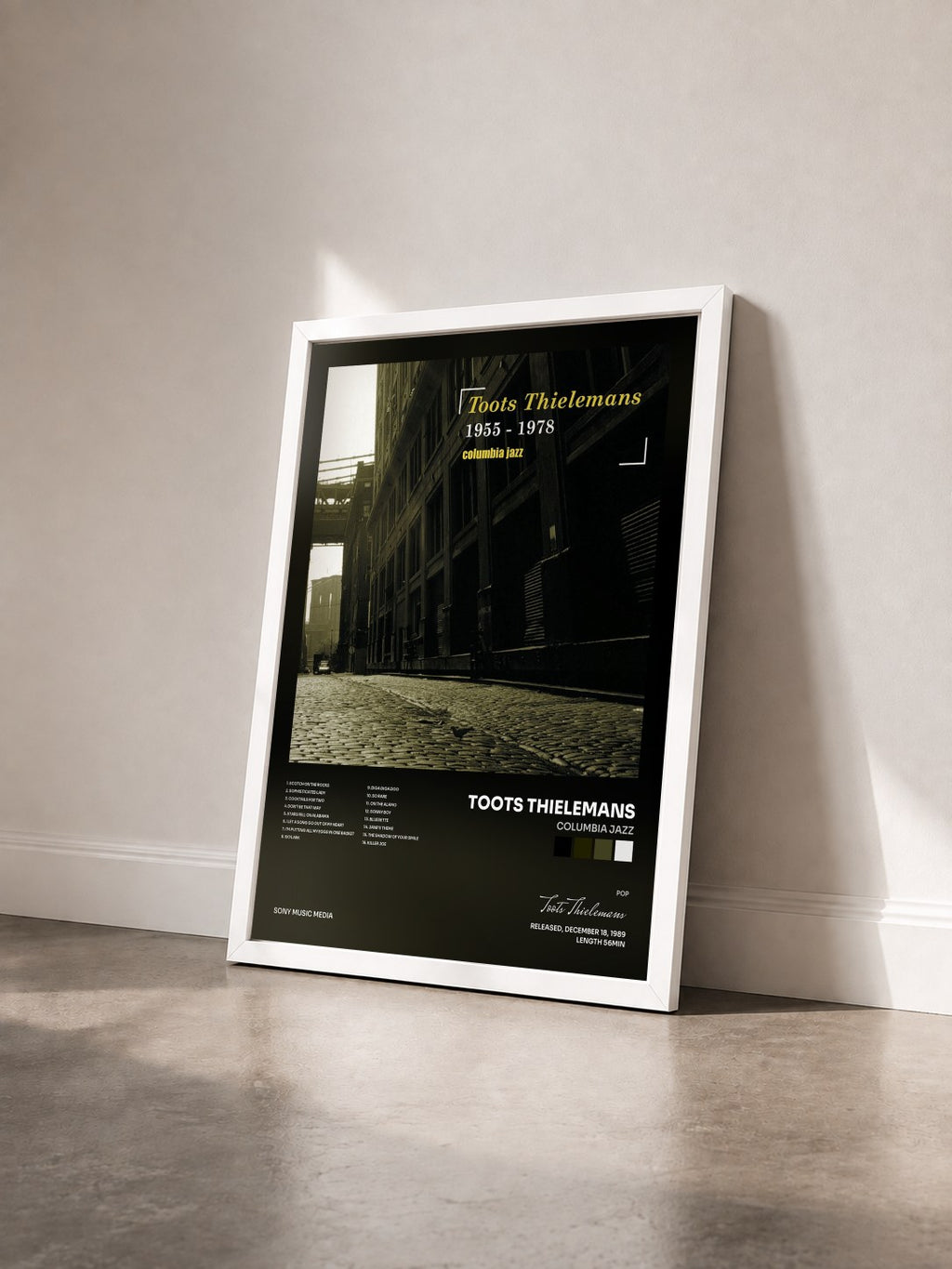 #blanc Columbia Jazz by Toots Thielemans as a framed art print seen at an angle, white frame